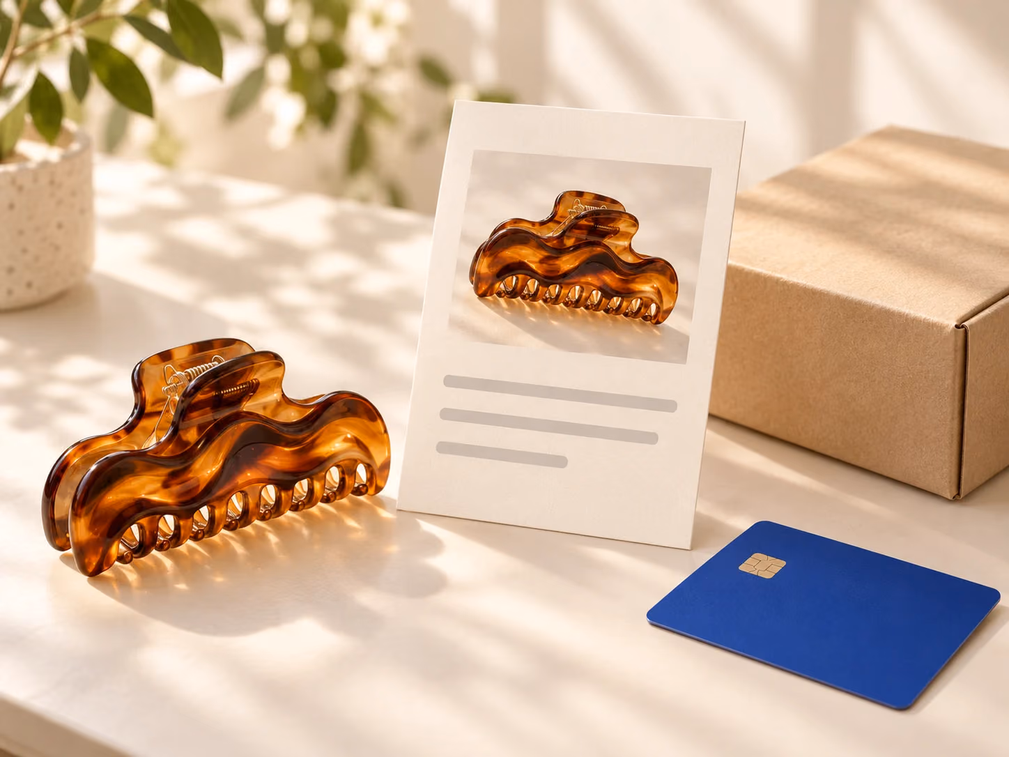 An amber claw clip beside its matching order summary thumbnail and a payment card for order review